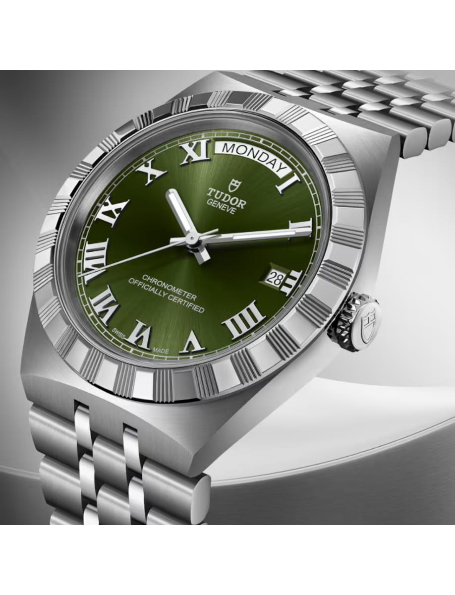 Side view of Tudor wristwatch with stainless steel case and bracelet and green dial