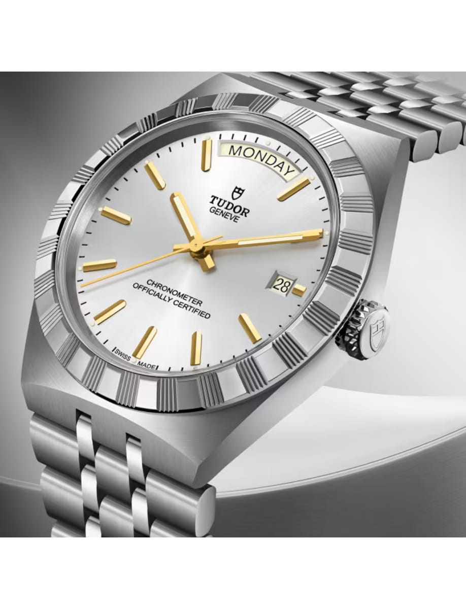 Side view of Tudor wristwatch with stainless steel case and bracelet and silver dial