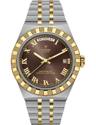 Tudor wristwatch with stainless steel and yellow gold case and bracelet and brown dial