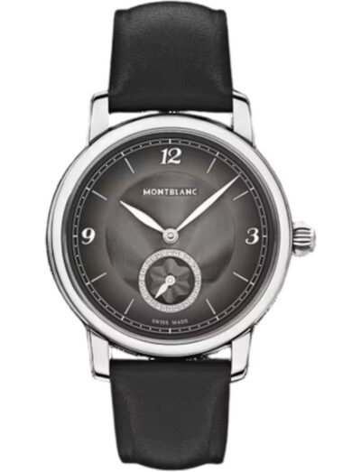 Montblanc Star Legacy wristwatch with stainless steel case, black dial, and black calf leather strap.