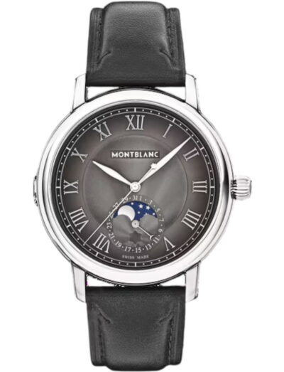 Montblanc Star Legacy wristwatch with stainless steel case, sfumato anthracite dial, and anthracite calf leather strap.