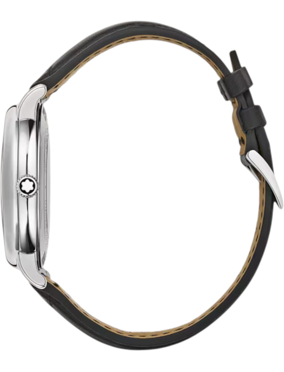Side view of Montblanc Star Legacy wristwatch with stainless steel case, sfumato anthracite dial, and anthracite calf leather strap.