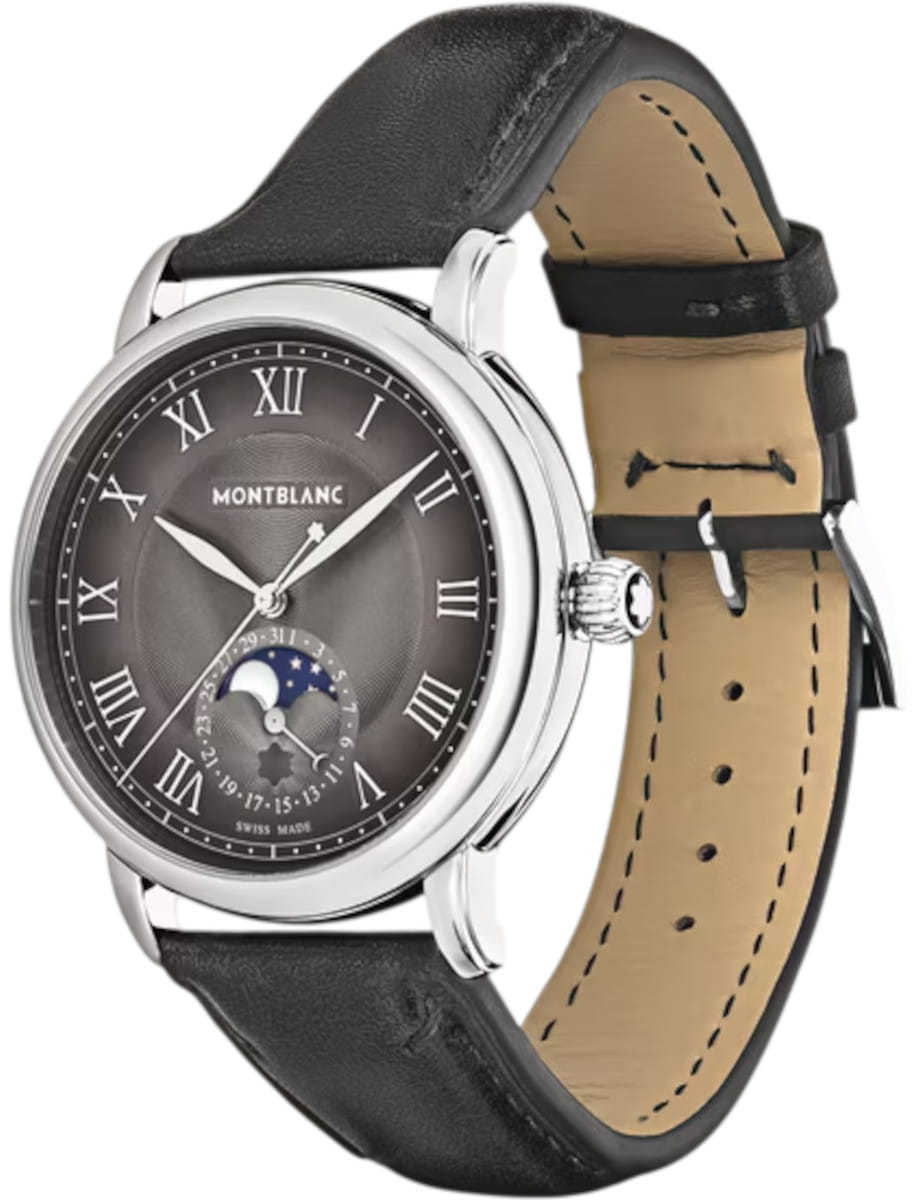 Front side view of Montblanc Star Legacy wristwatch with stainless steel case, sfumato anthracite dial, and anthracite calf leather strap.