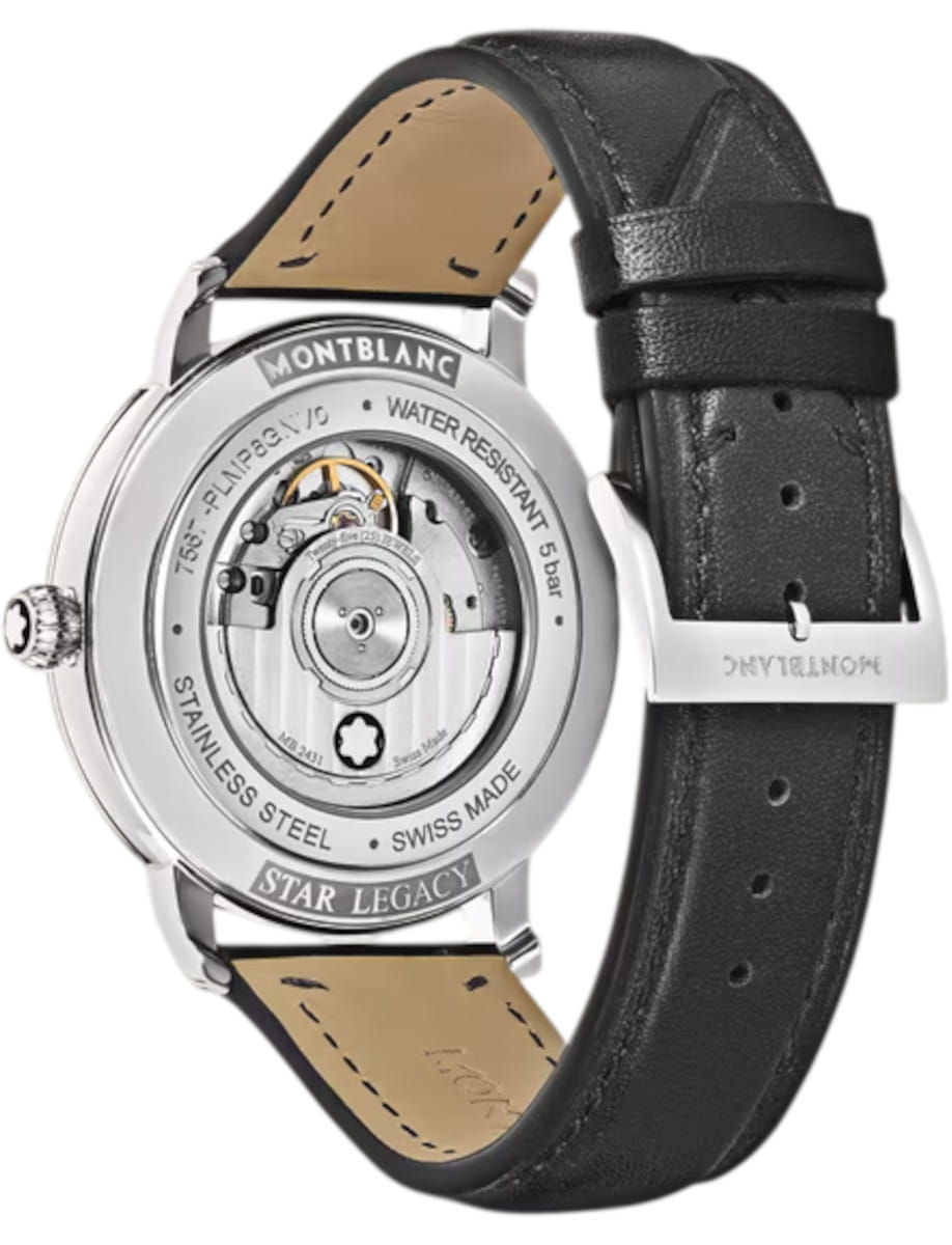 Back view of Montblanc Star Legacy wristwatch with stainless steel case, open case back, and anthracite calf leather strap.