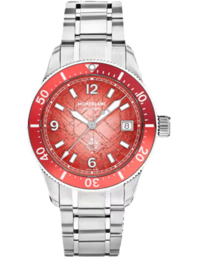 Montblanc Iced Sea wristwatch with stainless steel case and bracelet, and red dial.