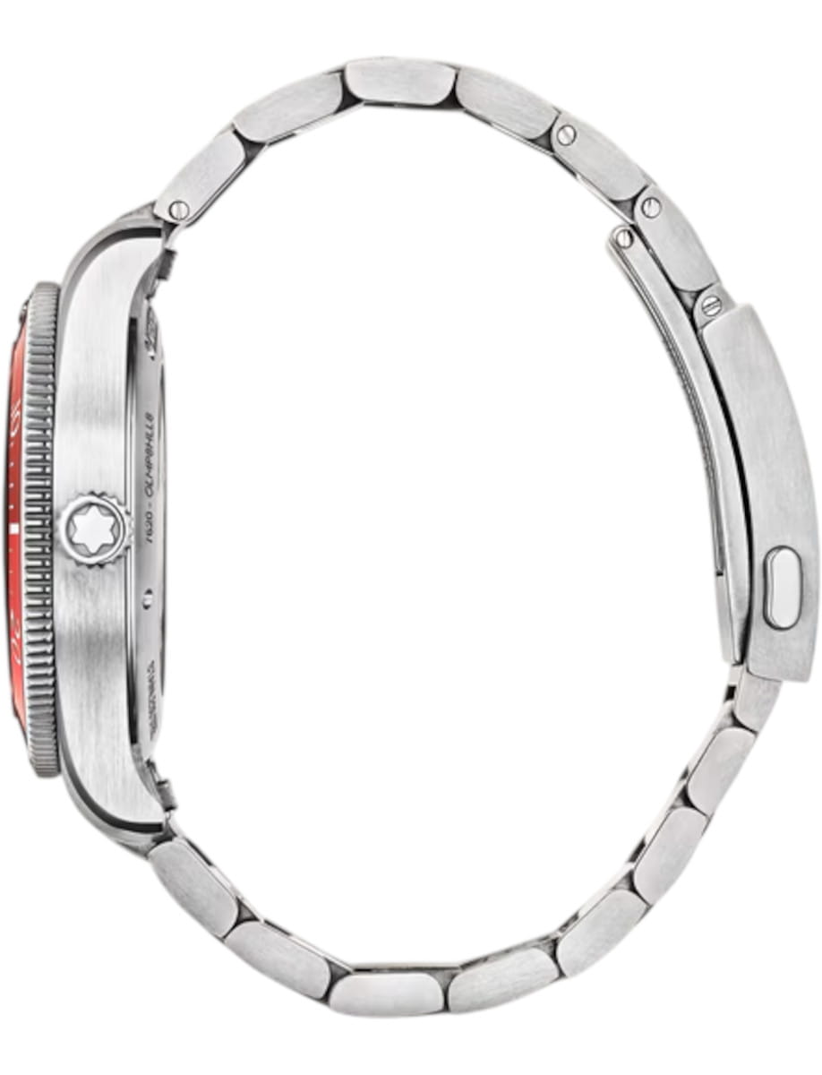 Side view of Montblanc Iced Sea wristwatch with stainless steel case and bracelet, and red dial.