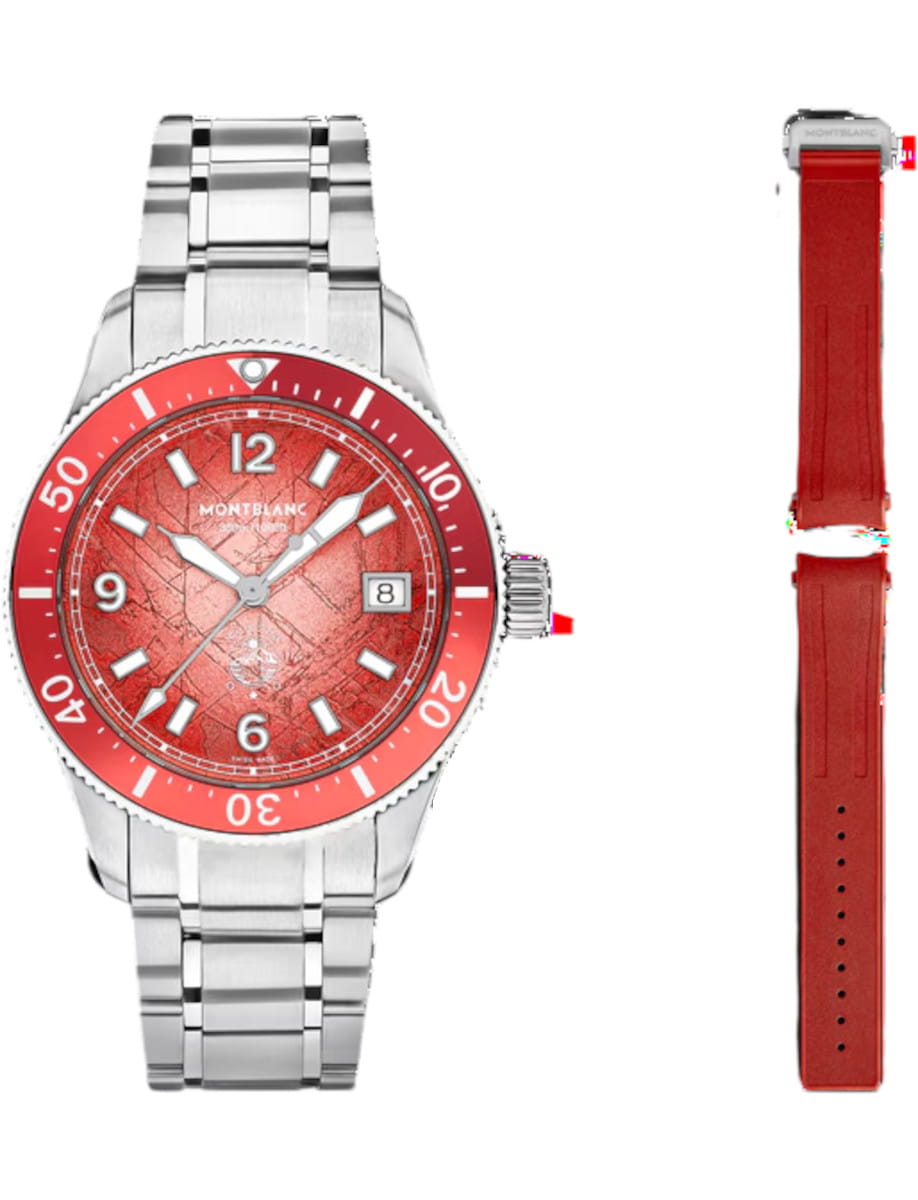 Montblanc Iced Sea wristwatch with stainless steel case and bracelet, red dial, and additional red rubber strap.