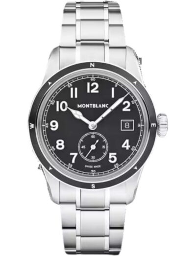 Montblanc 1858 wristwatch with stainless steel case and bracelet, and black dial.