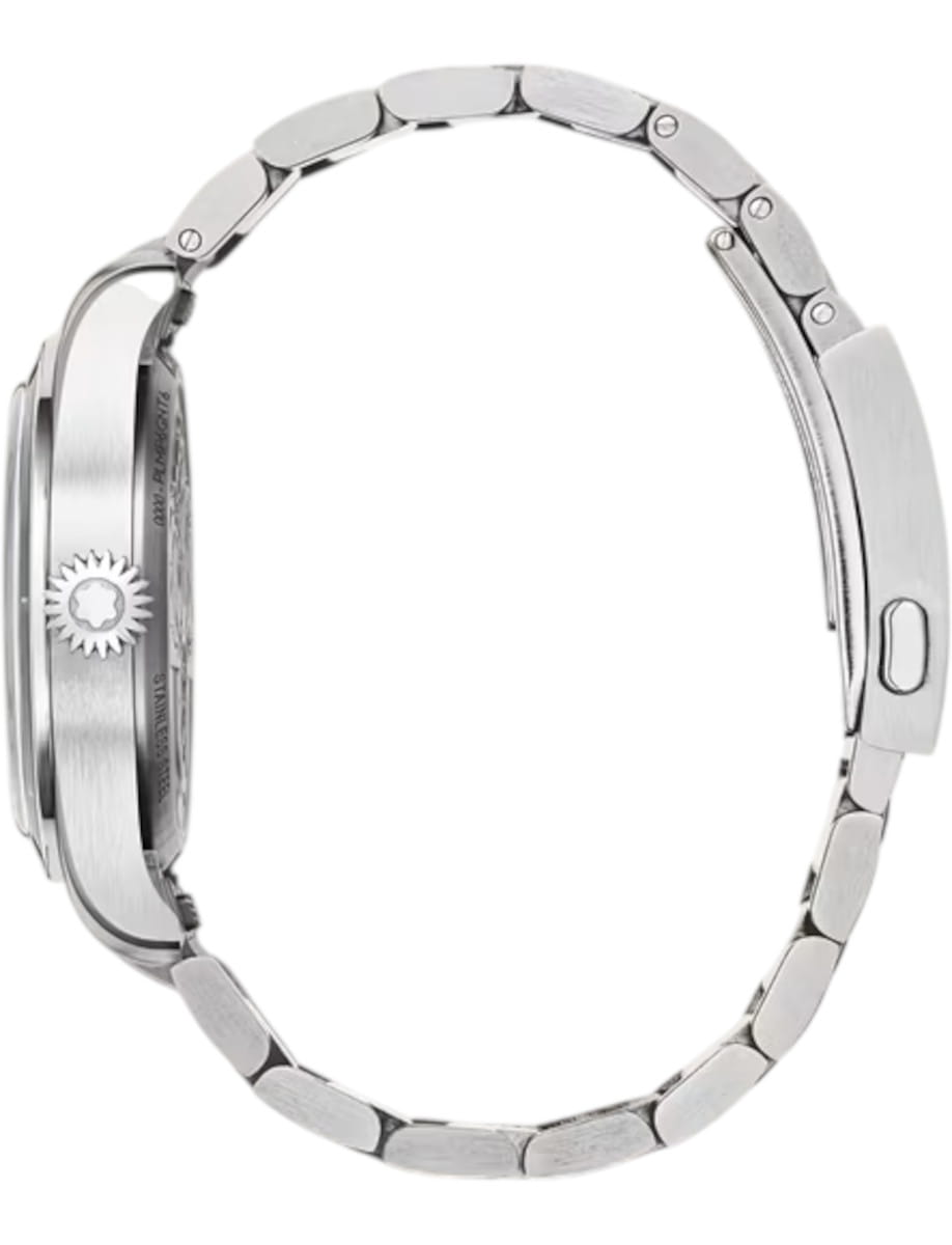 Side view of Montblanc 1858 wristwatch with stainless steel case and bracelet, and black dial.