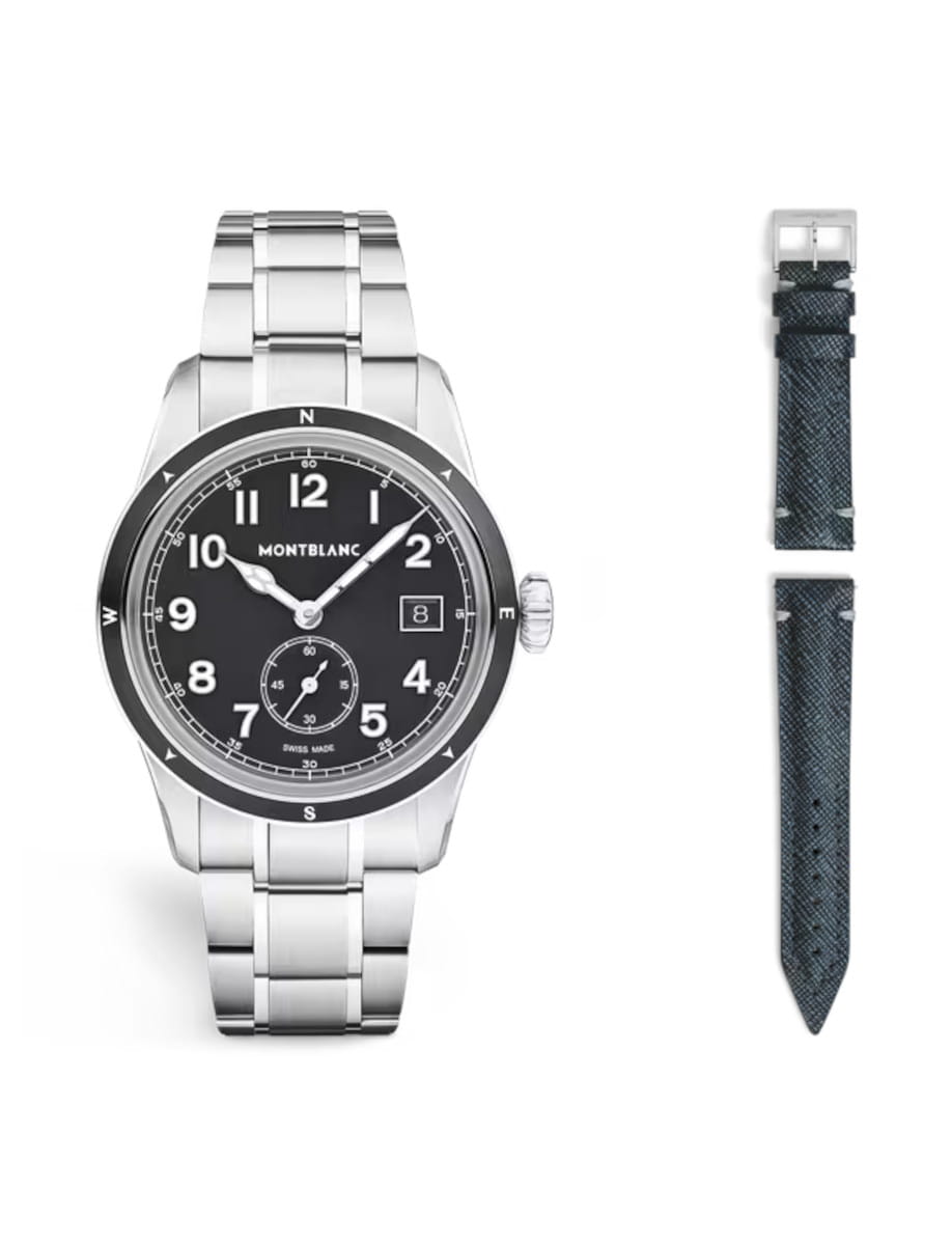 Side view of Montblanc 1858 wristwatch with stainless steel case and bracelet, black dial and additional blue and black saffiano leather strap.