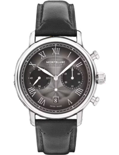 Montblanc Star Legacy wristwatch with stainless steel case, anthracite dial, and black calf leather strap.