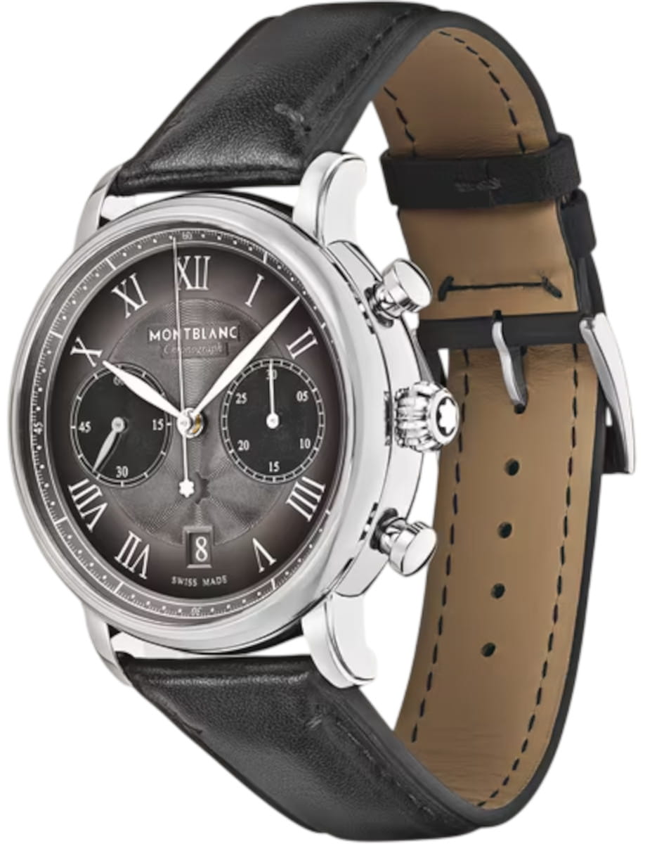 Front left side view of Montblanc Star Legacy wristwatch with stainless steel case, anthracite dial, and black calf leather strap.