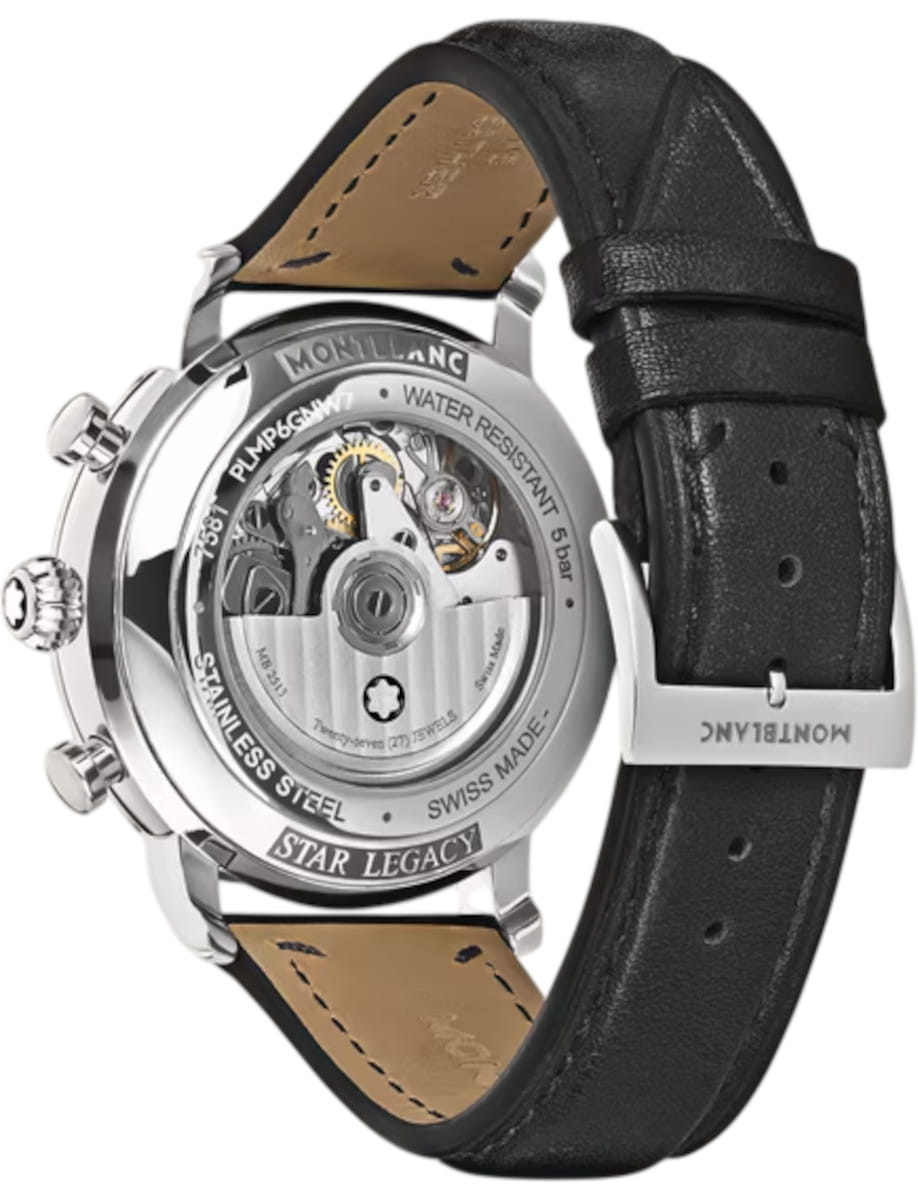 Back view of Montblanc Star Legacy wristwatch with stainless steel case, semi-transparent caseback, and black calf leather strap.