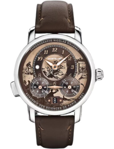 Montblanc Star Legacy wristwatch with stainless steel case, brown-toned dial, and brown calf leather strap.