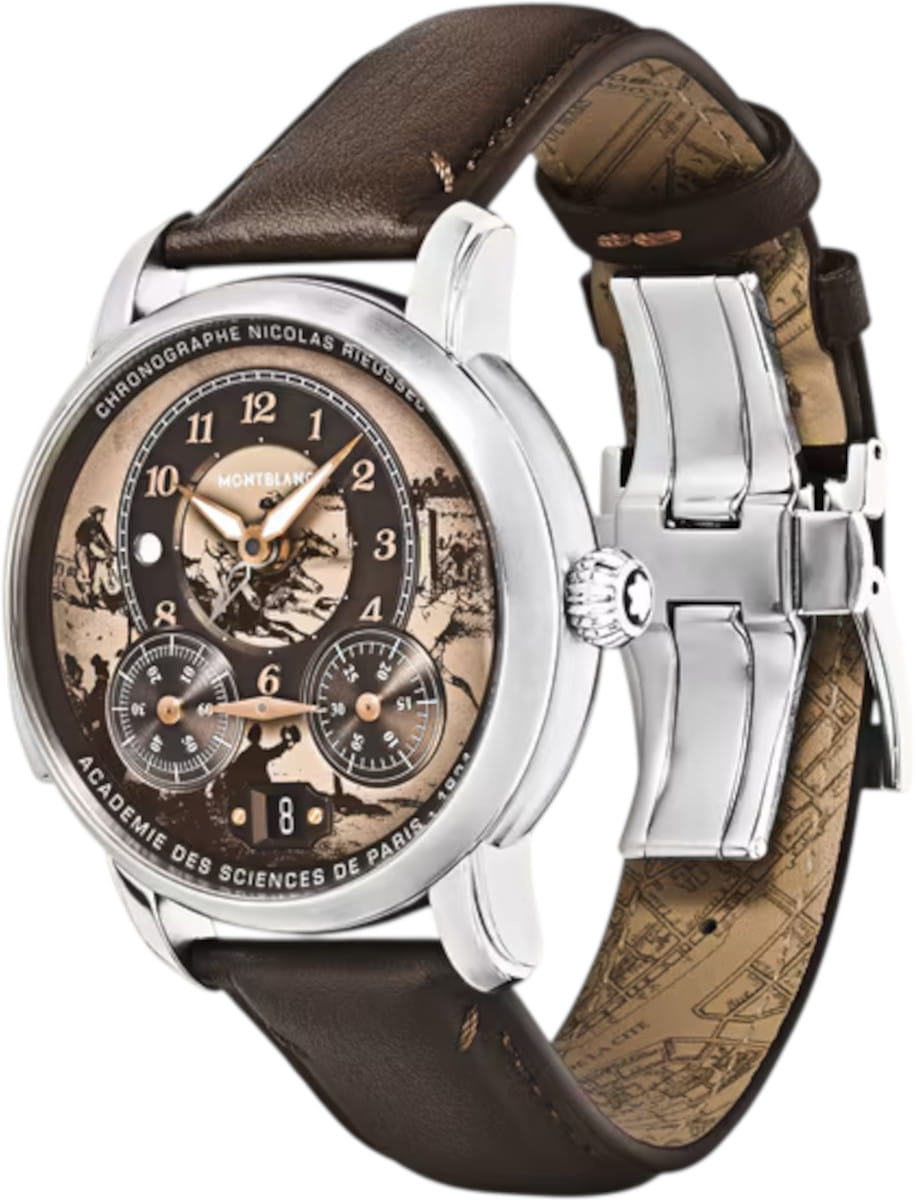 Front side view of Montblanc Star Legacy wristwatch with stainless steel case, brown-toned dial, and brown calf leather strap.