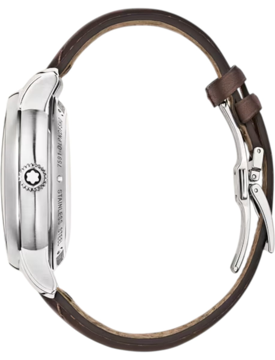 Side view of Montblanc Star Legacy wristwatch with stainless steel case, brown-toned dial, and brown calf leather strap.
