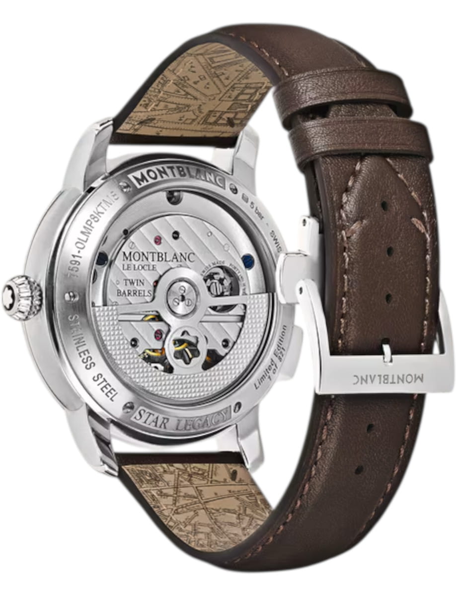 Back side view of Montblanc Star Legacy wristwatch with stainless steel case, transparent case back, and brown calf leather strap.
