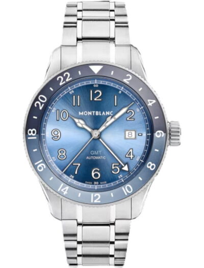 Montblanc 1858 GMT wristwatch with stainless steel case and bracelet, blue dial.