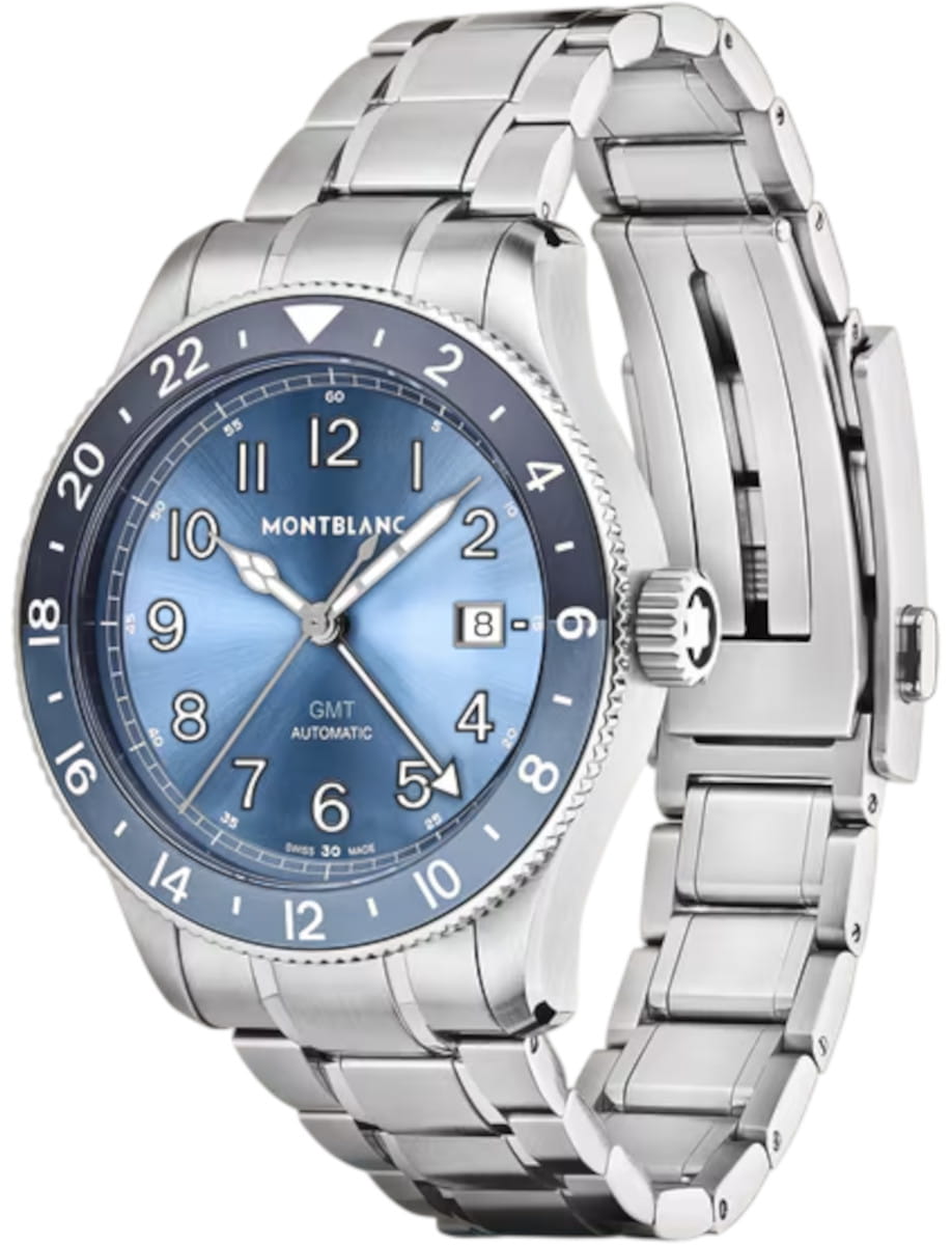 Side view of Montblanc 1858 GMT wristwatch with stainless steel case and bracelet, blue dial.