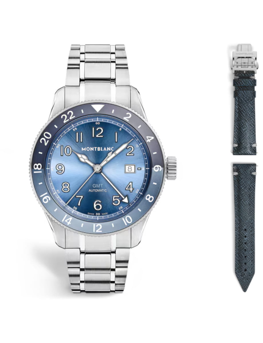 Montblanc 1858 GMT wristwatch with stainless steel case and bracelet, blue dial and additional blue and black saffiano leather strap.