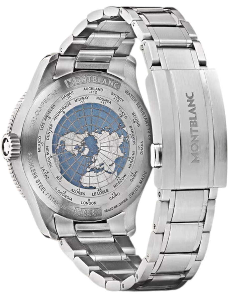 Back view of Montblanc 1858 GMT wristwatch with stainless steel case and bracelet, and 3D engraving on the case back shows the continents, oceans, and names of cities in each of the 24 time zones