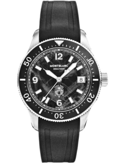 Montblanc Iced Sea wristwatch with stainless steel case, black dial, and black rubber strap.
