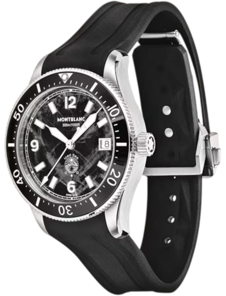 Front side view of Montblanc Iced Sea wristwatch with stainless steel case, black dial, and black rubber strap.