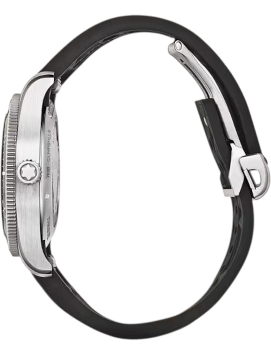 Side view of Montblanc Iced Sea wristwatch with stainless steel case, black dial, and black rubber strap.