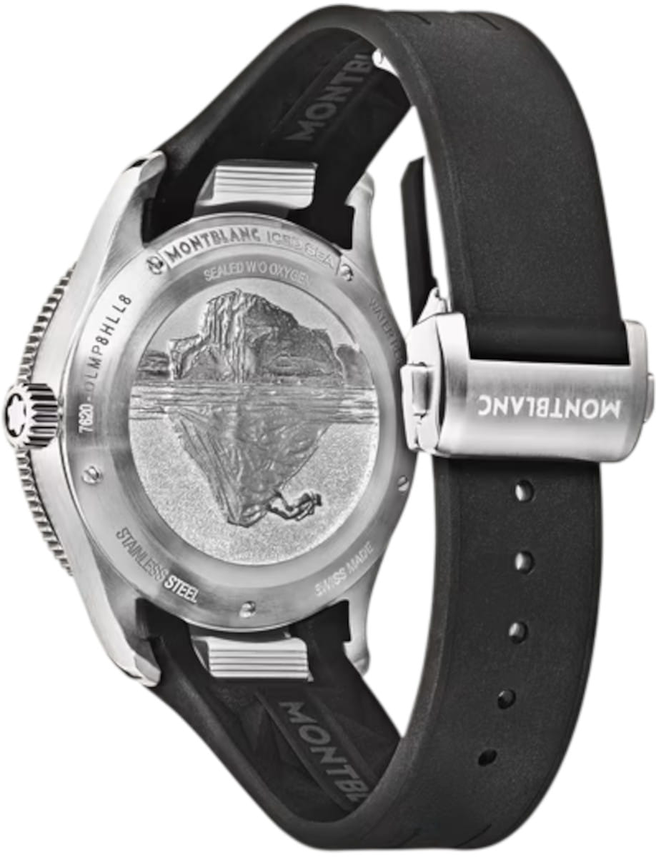 Back view of Montblanc Iced Sea wristwatch with stainless steel case, embossed case back, and black rubber strap.