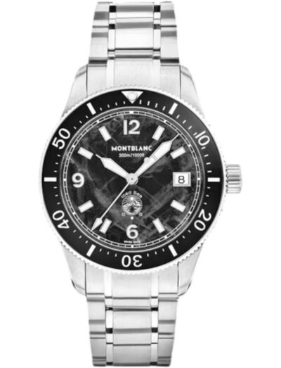 Montblanc Iced Sea wristwatch with stainless steel case and bracelet, and black dial.