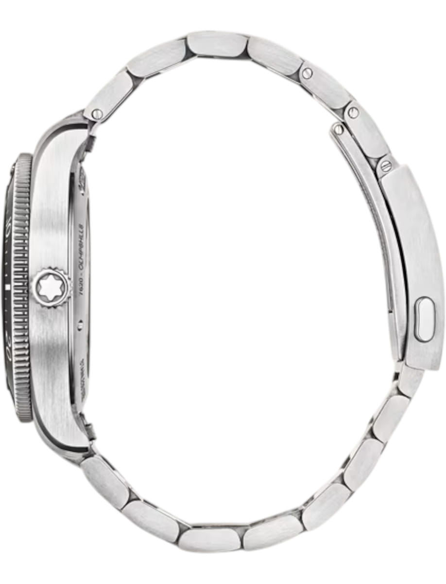 Side view of Montblanc Iced Sea wristwatch with stainless steel case and bracelet, and black dial.
