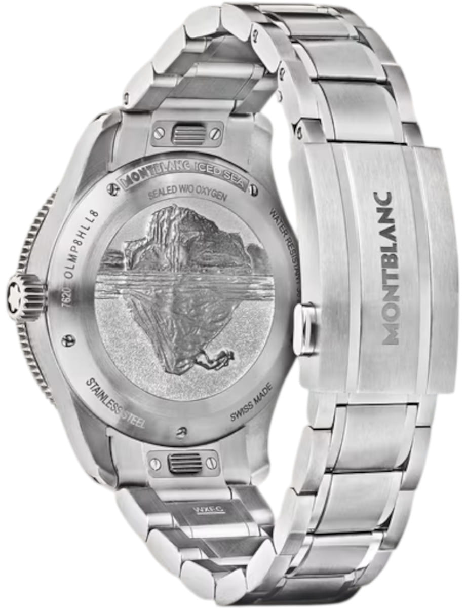 Back view of Montblanc Iced Sea wristwatch with stainless steel case and bracelet, and embossed case back.
