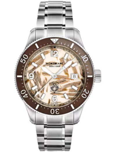 Montblanc Iced Sea wristwatch with stainless steel case and bracelet, and wood dial.