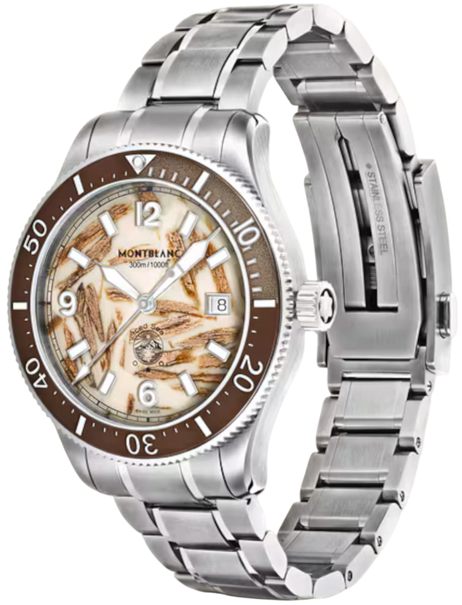 Front side view of Montblanc Iced Sea wristwatch with stainless steel case and bracelet, and wood dial.
