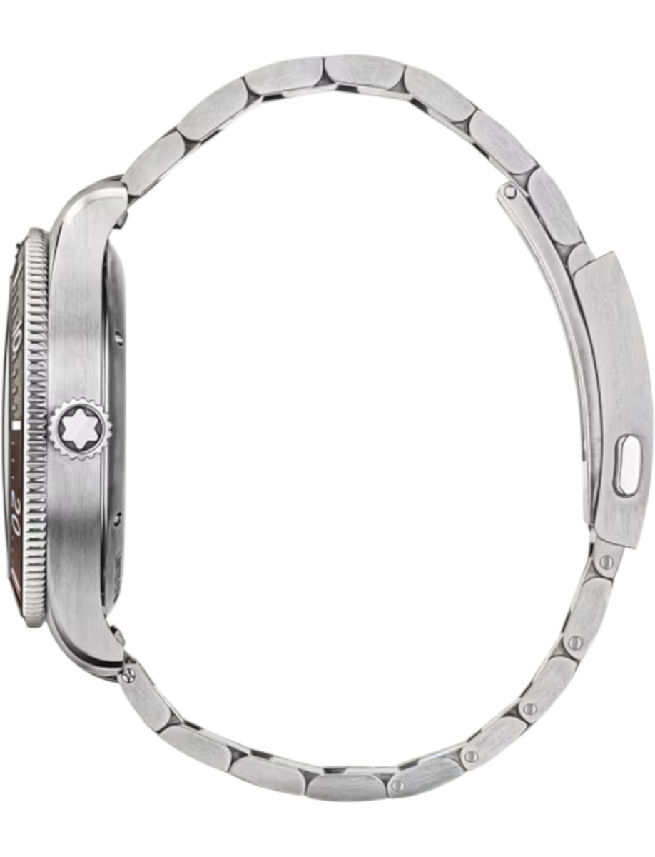 Side view of Montblanc Iced Sea wristwatch with stainless steel case and bracelet, and wood dial.
