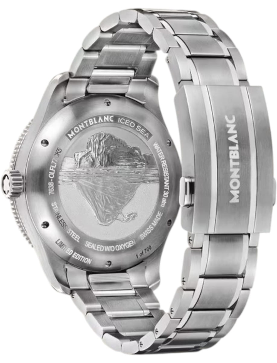 Back view of Montblanc Iced Sea wristwatch with stainless steel case and bracelet, and embossed case back.