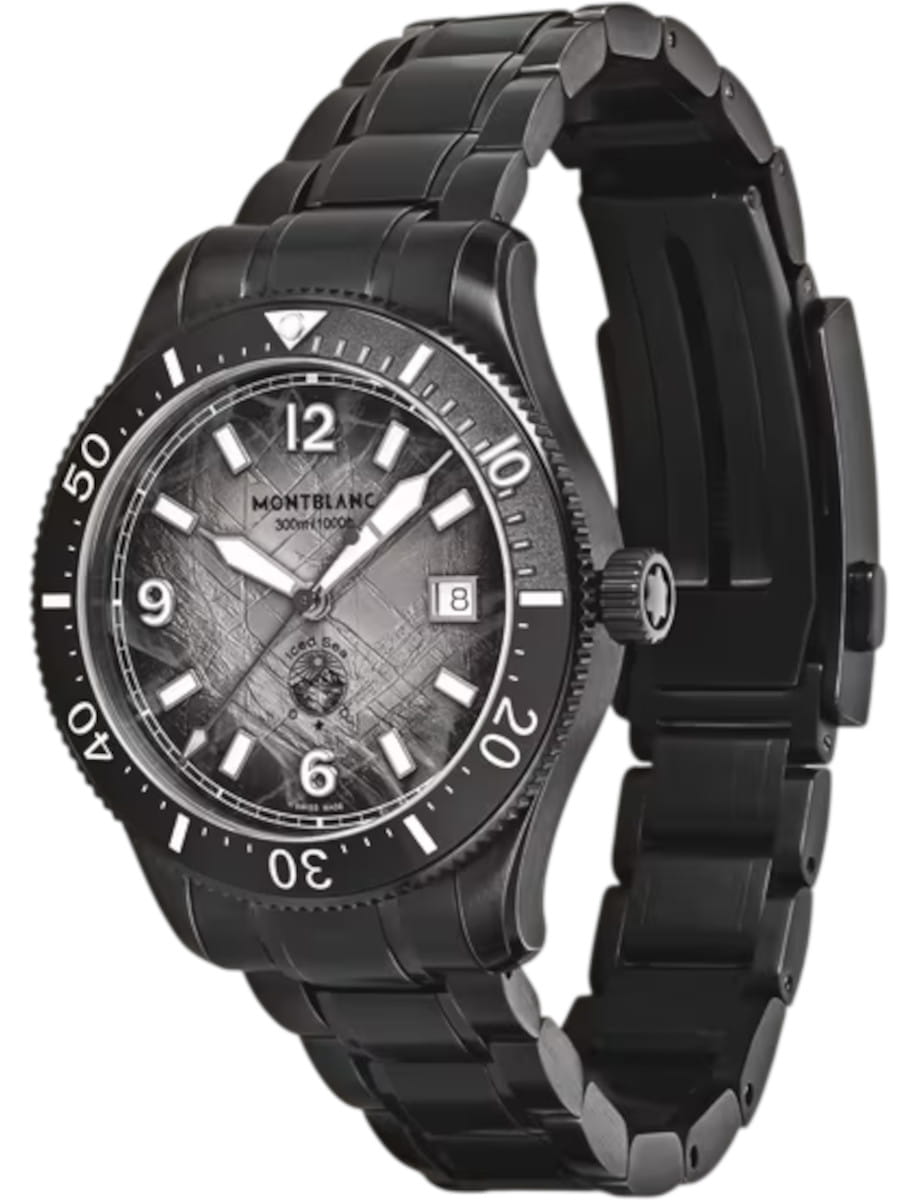 Front left side view of Montblanc Iced Sea wristwatch with stainless steel case and bracelet, and grey dial.