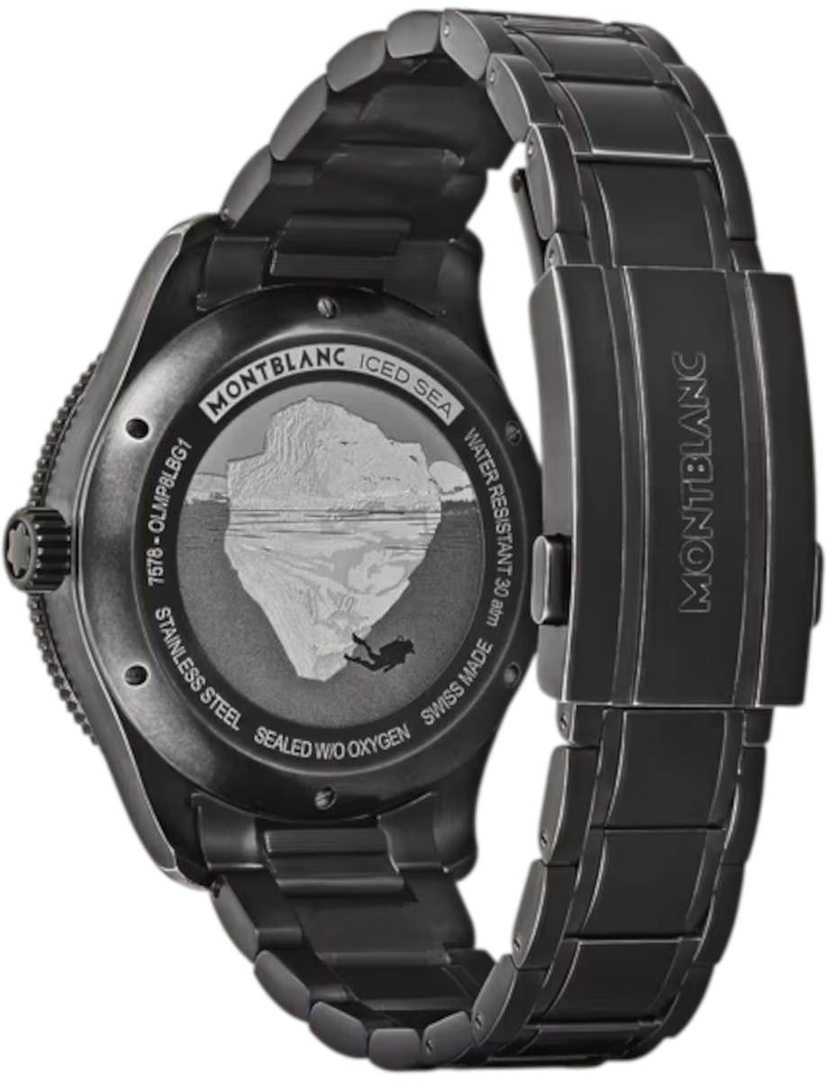 Back view of Montblanc Iced Sea wristwatch with stainless steel case and bracelet, and 3D engraving on the case back.