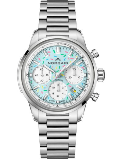 Norqain Sprinkles Blue Raspberry wristwatch with stainless steel case and bracelet, and light blue dial.