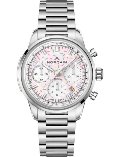 Norqain Strawberry wristwatch with stainless steel case and bracelet, and light pink dial.