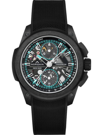 Norqain Wild ONE Skeleton Chrono wristwatch with NORTEQ titanium case, black dial with white and turquoise printings, black rubber strap with “Milanese” pattern.