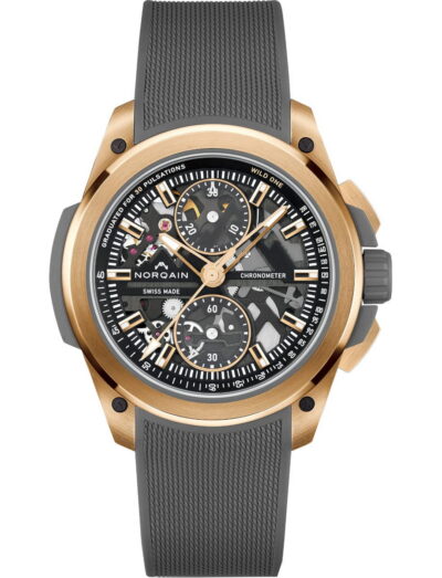 Norqain Wild ONE Skeleton Chrono Red Gold wristwatch with 18k 5N “PX IMPACT®” red case, black dial with white and gold printings, grey rubber strap with “Milanese” pattern. | Feldmar Watch Co. Norqain Wild ONE Skeleton Chrono Red Gold wristwatch with 18k 5N “PX IMPACT®” red case, black dial with white and gold printings, grey rubber strap with “Milanese” pattern.