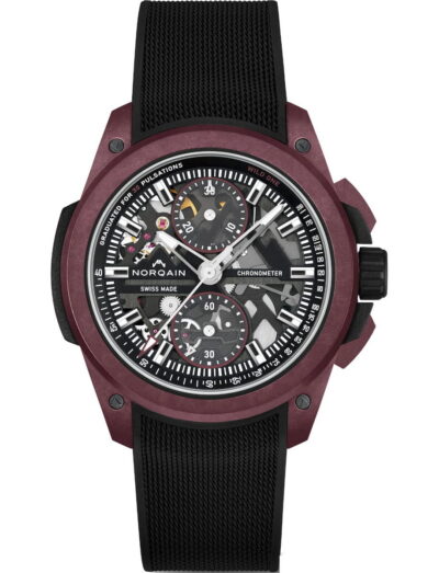 Norqain Wild ONE Skeleton Chrono wristwatch with Burgundy NORTEQ titanium case, black dial with white and burgundy printings, black rubber strap with “Milanese” pattern.