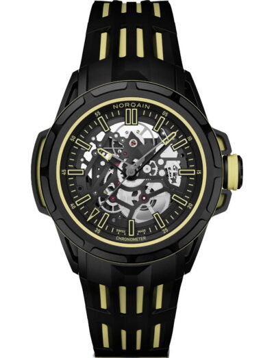 Norqain Wild ONE Skeleton X-Lite wristwatch with Black NORTEQ case, black dial with yellow printings, double layered black and yellow rubber strap. | Feldmar Watch Co. Norqain Wild ONE Skeleton X-Lite wristwatch with Black NORTEQ case, black dial with yellow printings, double layered black and yellow rubber strap.