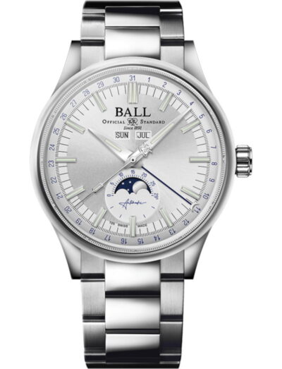 Ball Engineer II Moon Calendar (40mm) wristwatch with stainless steel case and bracelet, and silver dial.