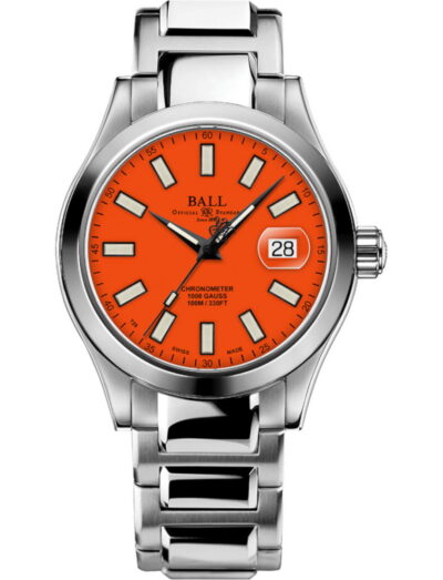 Ball Engineer III Marvelight Chronometer (40mm) wristwatch with stainless steel case and bracelet, and orange enamel dial.