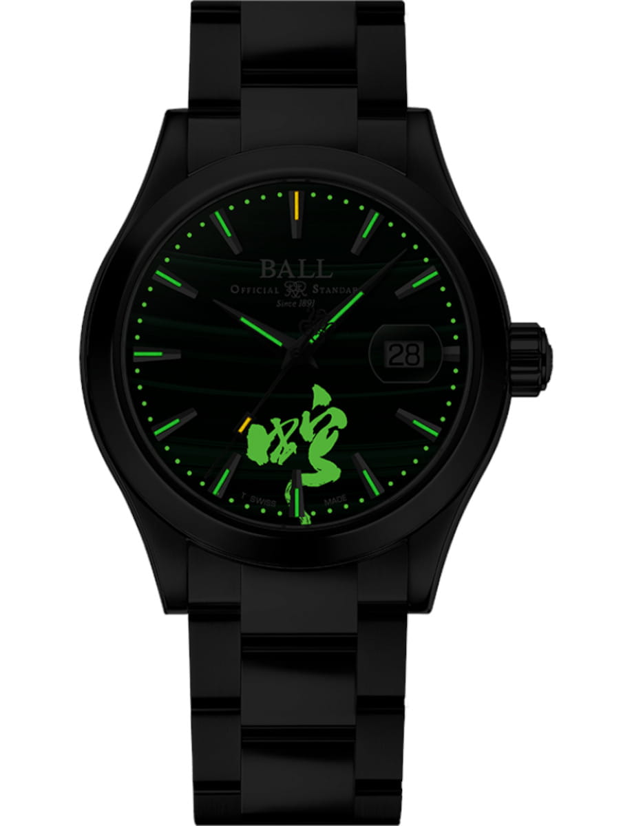 Night view of Ball Engineer III Invigorating Serpent (40mm) wristwatch with stainless steel case and bracelet, and malachite dial.