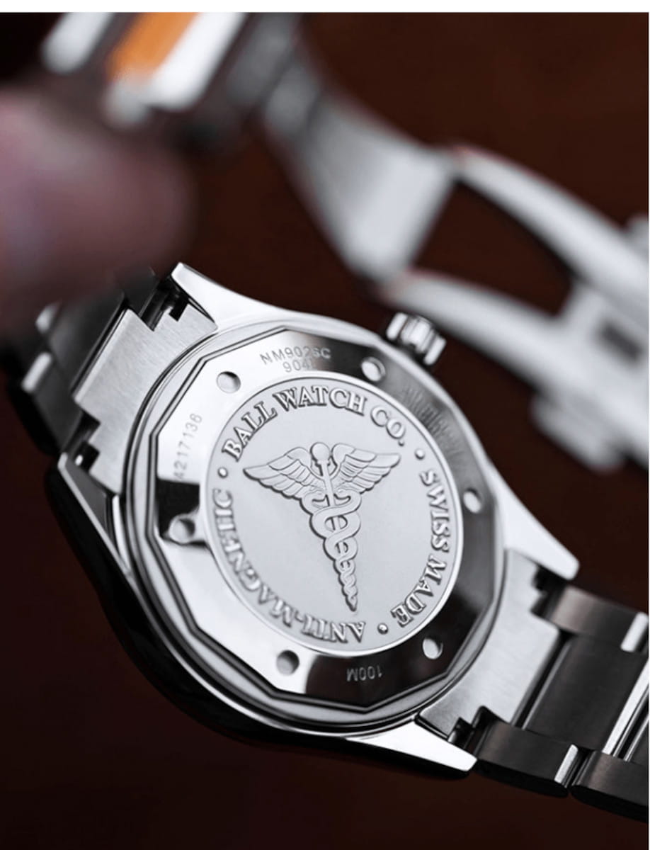 Back view of Ball Engineer III Invigorating Serpent (40mm) wristwatch with stainless steel case and bracelet, and malachite dial.