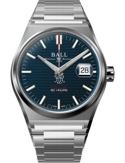 Ball Roadmaster M Perseverer wristwatch with stainless steel case and bracelet, and blue dial.