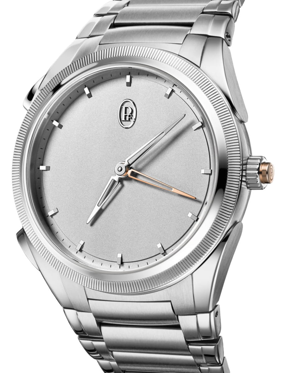 Side view of Parmigiani Fleurier Tonda PF Minute Rattrapante wristwatch with 950 Platinum case and bracelet, natural platinum dial.